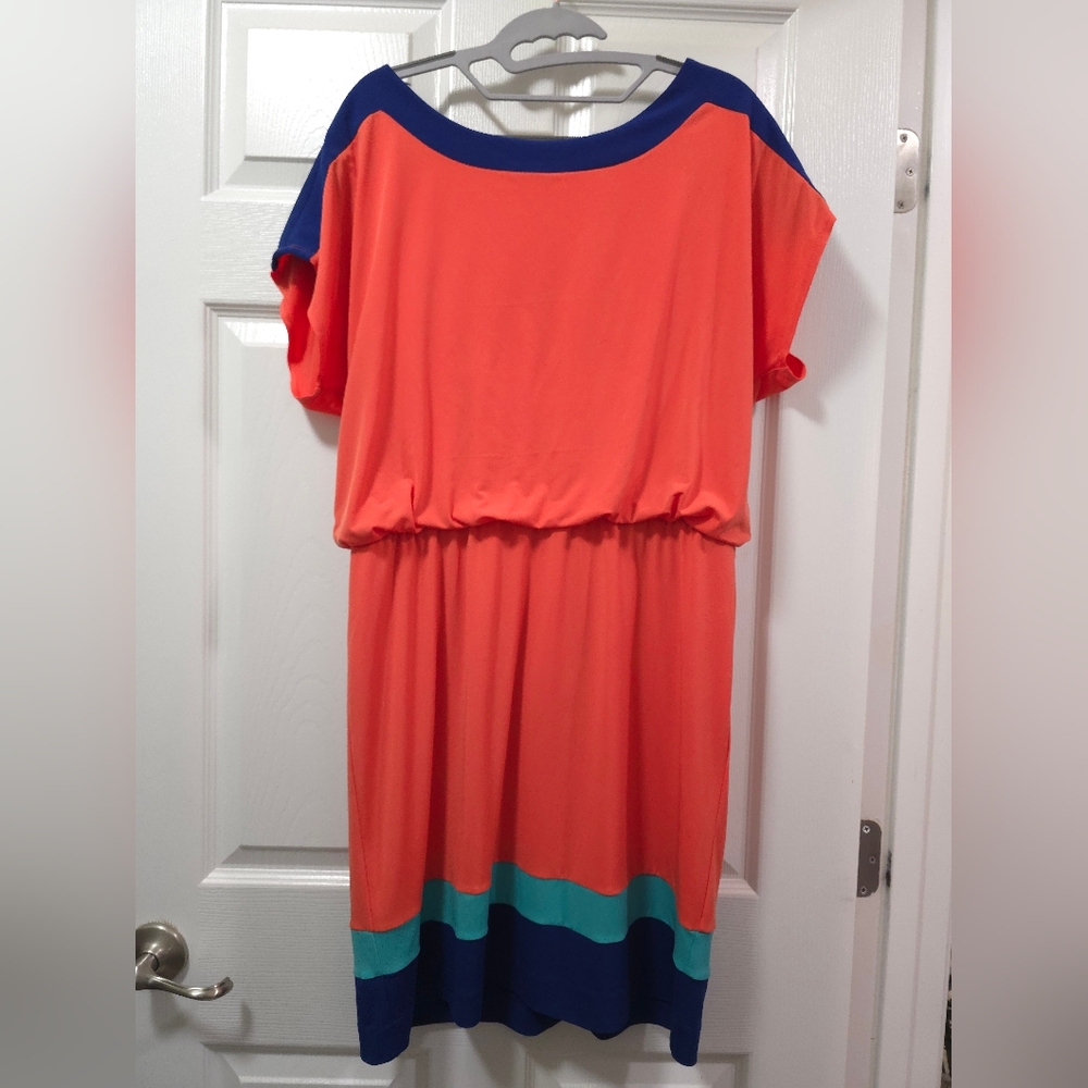 Trina Turk Dress Elastic Waist Orange Navy Teal Great Spring Summer Dress 14
